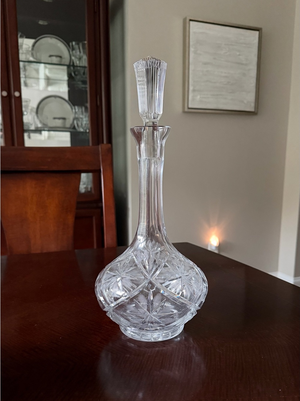 Vintage Bohemian Czech Cut Lead Crystal Decanter Starburst w Mated Stopper 14.5”